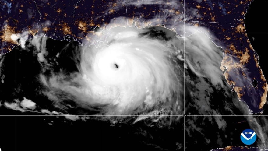 A satellite image shows Hurricane Ida approaching land in the Gulf of Mexico on Aug. 29, 2021.