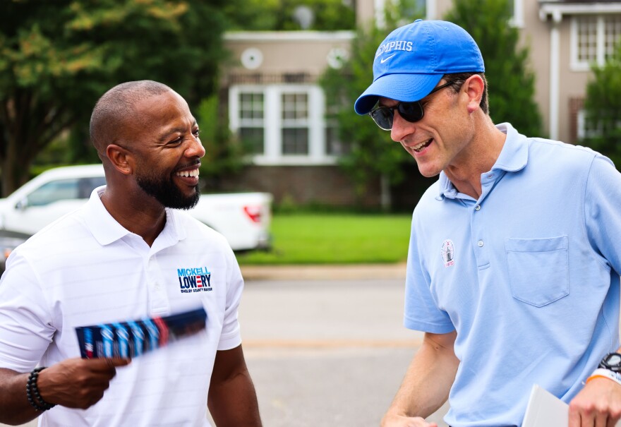 Mickell Lowery and Chaz Molder chat Thursday afternoon at a polling location in Midtown Memphis. 