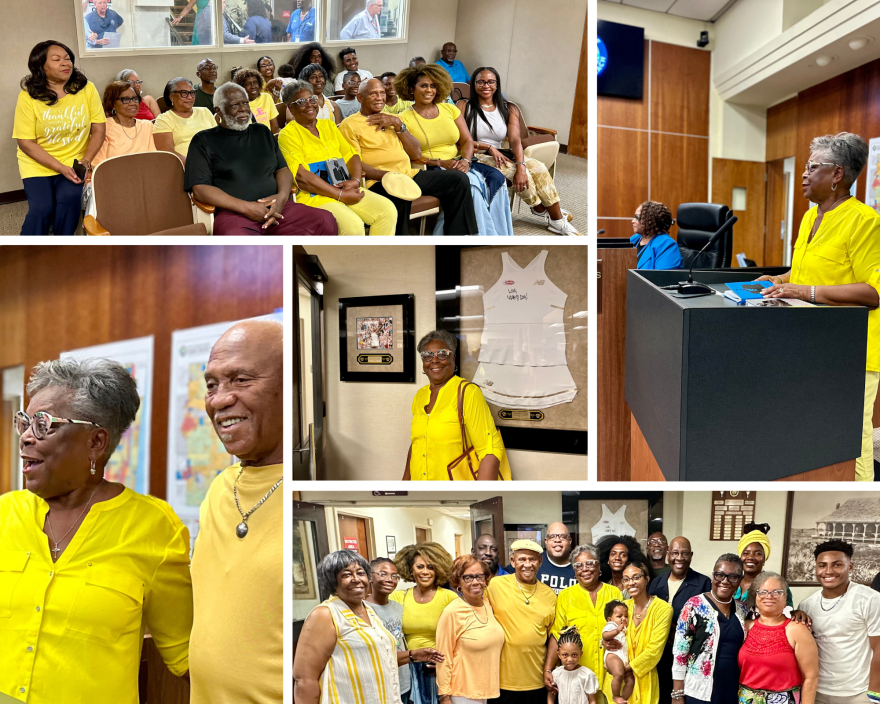 Yvonne Lee Odom accepting the "Back to School Day" proclamation at the Delray Beach city commission meeting. She was joined by family and supporters, such as her husband Eddie "Red" Odom, her daughters Joi Odom Grant and Candi Gauff (Coco Gauff's mother), just to name a few. August 8, 2023