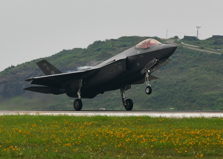 An F-35 Lightning II touches down at Kunsan Air Base, Republic of Korea, July 5, 2022. U.S. Air Force F-35 aircraft from Eielson Air Force Base, Alaska arrived in the Republic of Korea to conduct flight operations alongside their ROK Air Force counterparts. (U.S. Air Force photo by Staff Sgt. Isaiah J. Soliz)