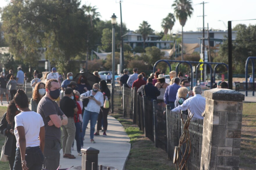 Voters in San Antonio line up at Lions Field Park on the first day of early voting during the 2020 Election.