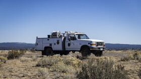 A rangeland fire protection association retrofitted truck sits near the Second Flat Fire burn scar.
