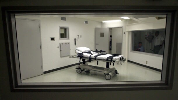 A gurney sits in the middle of an empty room, Alabama's lethal injection chamber at the Holman Correctional Facility in Atmore, Alabama.