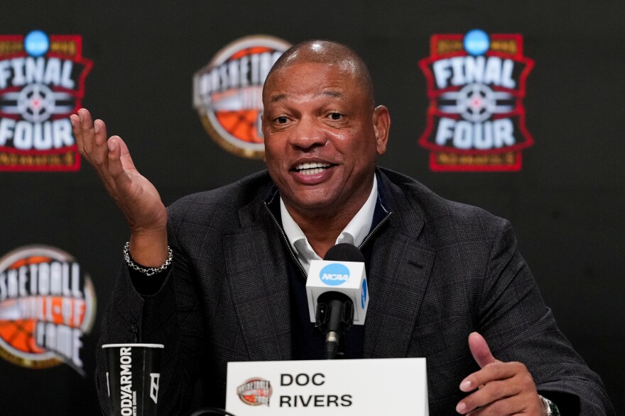 Naismith Hall of Fame Class of 2026 inductee Doc Rivers speaks during a news conference at the Final Four of the NCAA college basketball tournament, Saturday, April 4, 2026, in Indianapolis. (AP Photo/Michael Conroy)