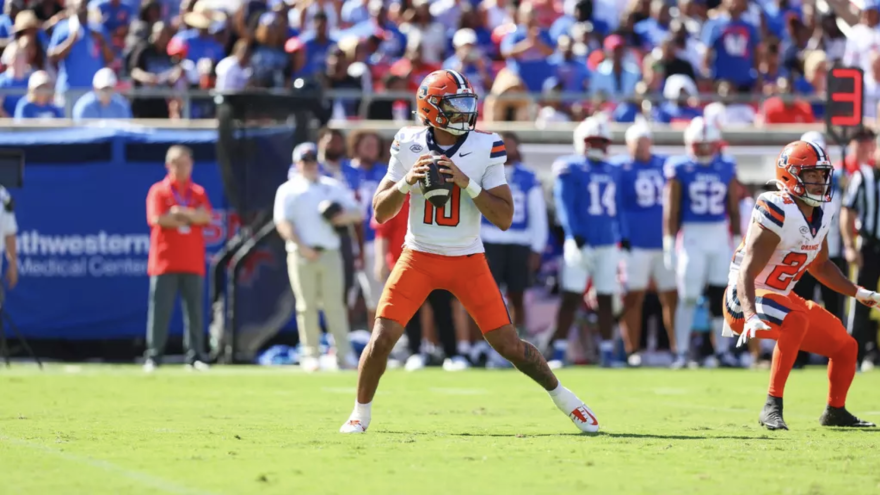 Syracuse quarterback Rickie Collins (10, White) maneuvers the pocket against SMU