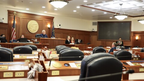 Speaker of the House Bryce Edgmon, I-Dillingham, speaks to a nearly empty floor at the Alaska State Capitol on Tuesday, Aug. 19, 2025.