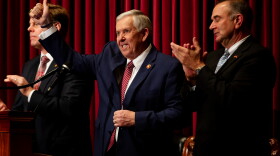 Gov. Mike Parson gives the crowd a thumbs up after delivering his State of the State address while flanked by House Speaker Dean Plocher, R-St. Louis County, and Lt. Gov. Mike Kehoe on Wednesday, Jan. 18, 2023, at the Missouri State Capitol in Jefferson City.