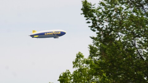 A Goodyear blimp is seen flying over the Akron area on Friday, May 12, 2023.