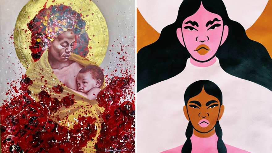 Side-by-side photos of artwork show a mother cradling her infant child and a mother standing over her daughter.