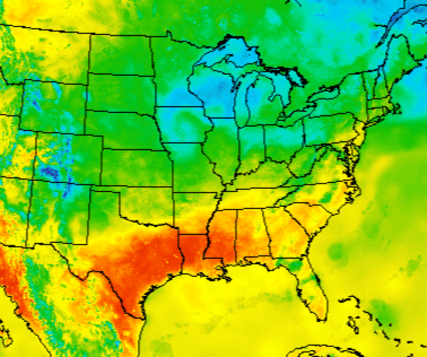 A National Weather Service graphic shows the range of temperatures across the country. The red splotch over Texas, Louisiana and Mississippi represent nearing or exceeding 100 degrees.