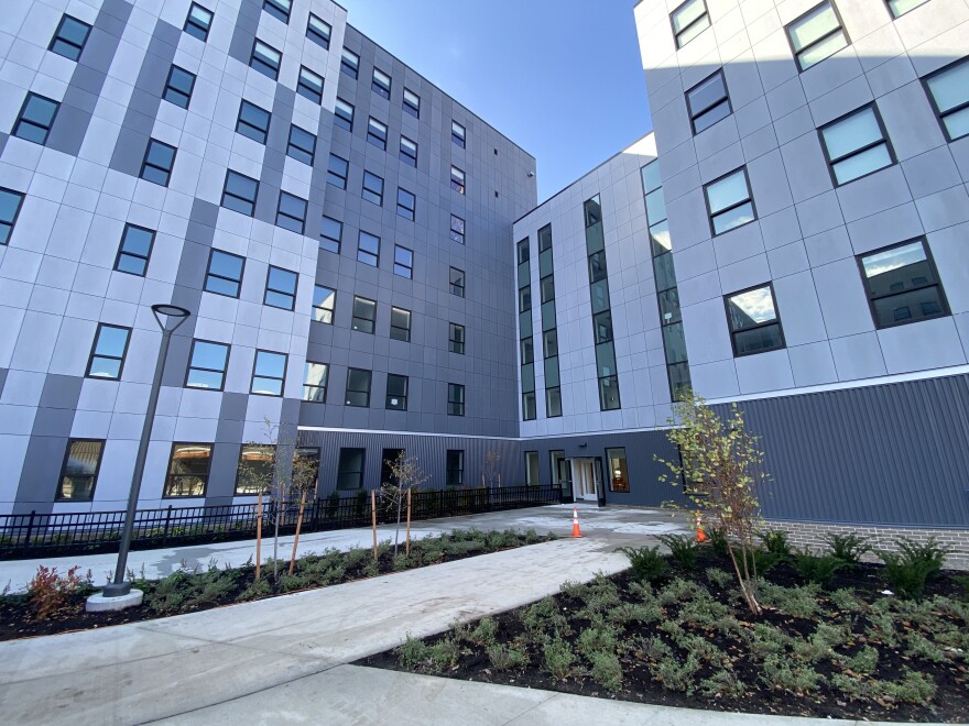 Courtyard and entrance to 201 Ellicott