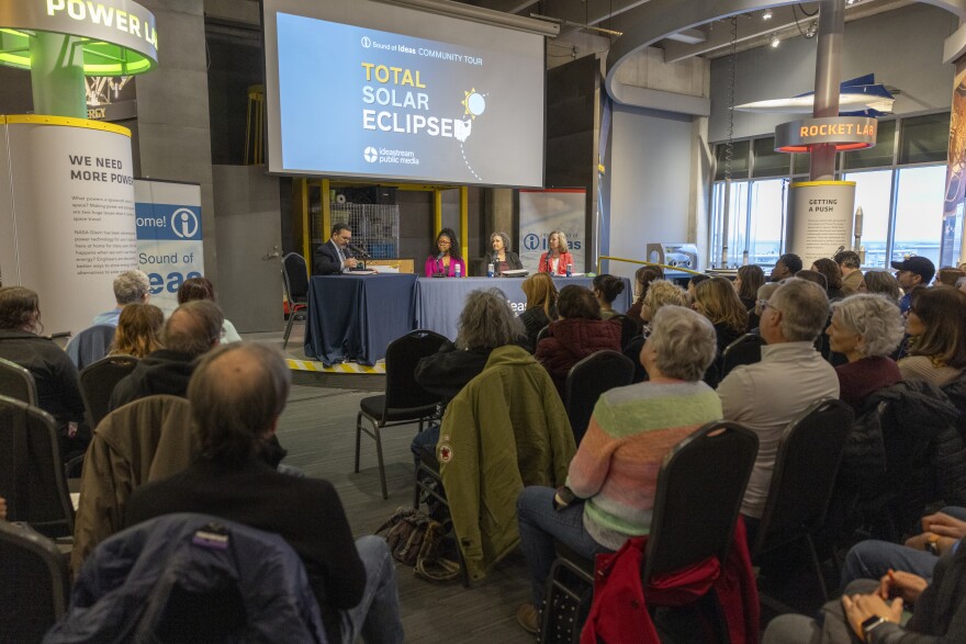 Host Mike McIntyre and three guests discuss the April 8 total solar in eclipse in Cleveland during the Sound of Ideas Community Tour stop at the Great Lakes Science Center on April 1.