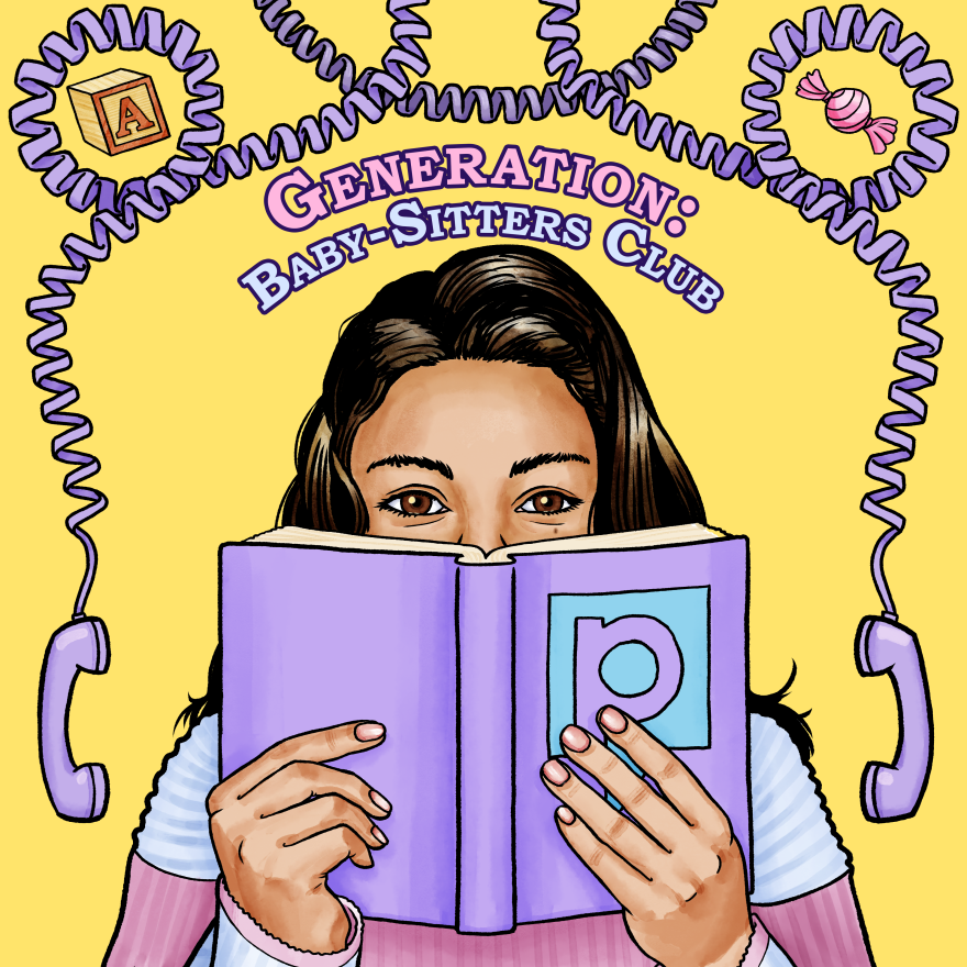 Illustration of a woman holding a book with an annalogue telephone cord haning above her head and the title "Generation: Baby-Sitters Club". 