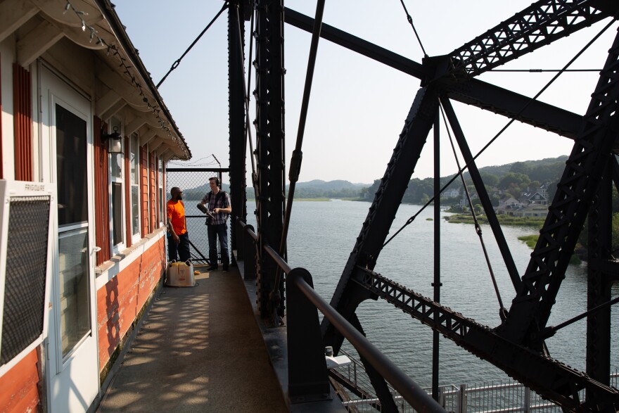 WNPR's Patrick Skahill talks to bridge tender Mike Dorsey on the Grand Avenue Swing Bridge in New Haven.