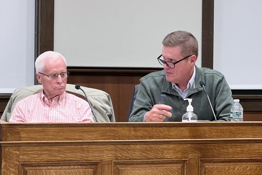 Jack Priest, right, spoke on behalf of the Massachusetts Department of Public Health at a meeting of the Nuclear Decommissioning Citizens' Advisory Panel, Nov. 24, 2025. At left is panel member Barry Potvin of Plymouth.