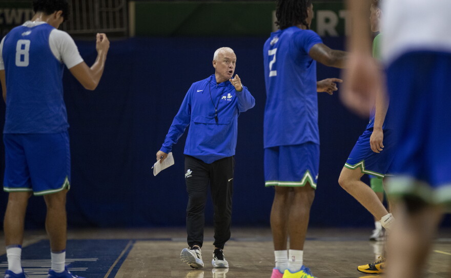 FGCU coach Pat Chambers instructs his players during their first practice on Monday, Sept. 21, 2026, at FGCU’s Alico Arena.