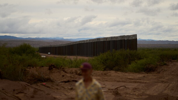 Bill Addington visits a border wall under construction near his property Wednesday, Sept. 23, 2026, near Sierra Blanca, Texas.