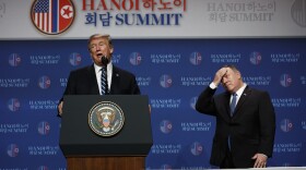 President Donald Trump speaks as Secretary of State Mike Pompeo looks on during a news conference after a summit with North Korean leader Kim Jong Un. (Evan Vucci/AP)