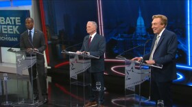 From left, Congressman John James, former state Attorney General Mike Cox, and businessman Perry Johnson debate in Grand Rapids on July 9, 2026.