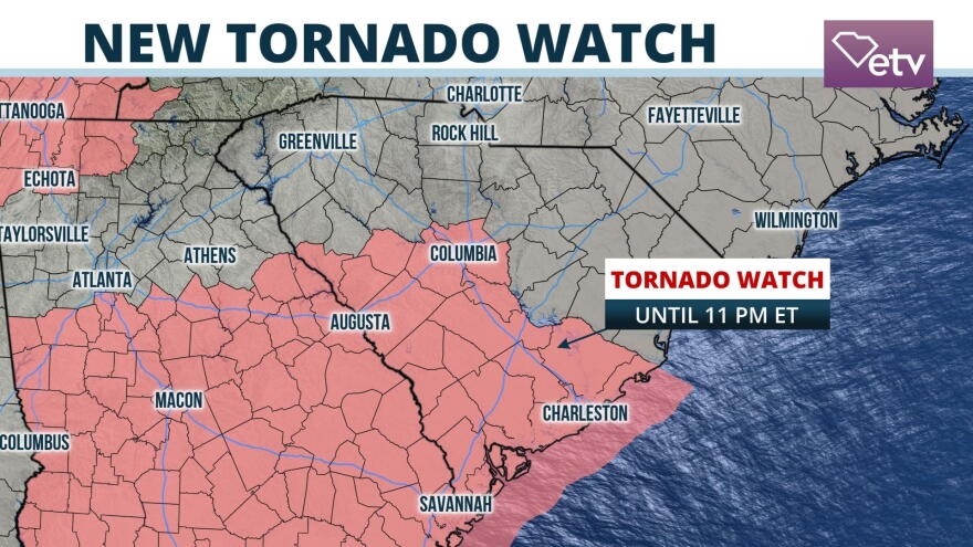 A Tornado Watch is in effect for much of the Midlands and Lowcountry through Wednesday evening.