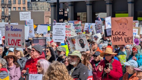 Attendees at a March 28, 2026 No Kings rally in Cincinnati.