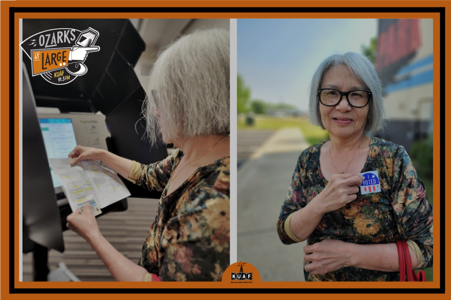 Hue To voting and showing off her "I Voted" sticker.