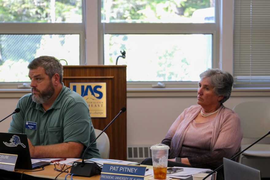 University of Alaska Regent Joey Krum and UA President Pat Pitney listen during a meeting at the University of Alaska Southeast in Juneau on Sept. 4, 2025.
