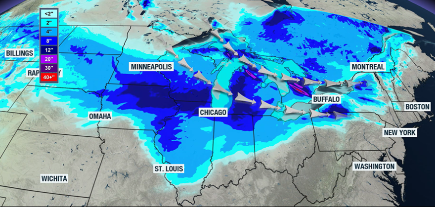 Expected snowfall through Monday, Dec. 1.