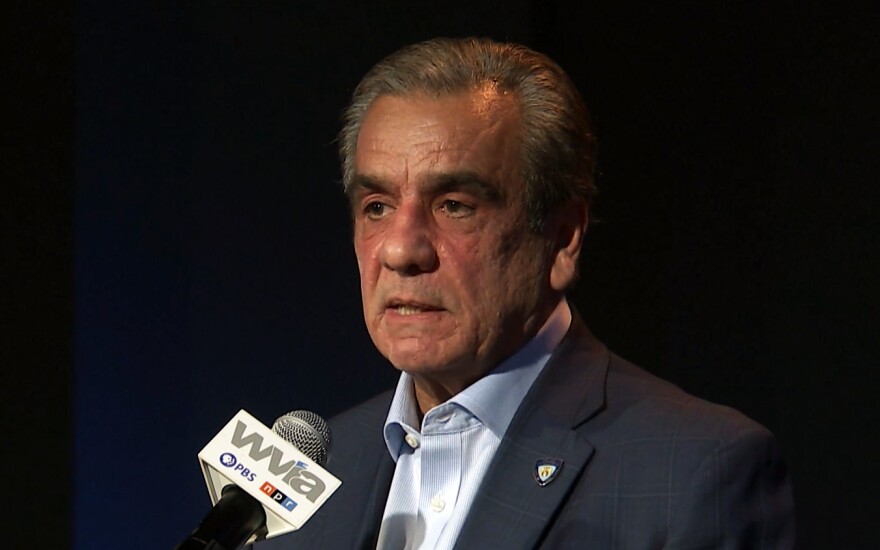 Wyoming County District Attorney Joe Peters talks during the taping of a WVIA Keystone Edition broadcast about educational programs his county is launching to promote awareness around problem gambling. 'Whether sports betting, traditional casino settings or online platforms, the lure of hitting the jackpot, the belief that the next big win will rescue the bettor from growing debt and borrowing gambling money are a recipe for personal disaster,' Peters said.