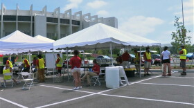 Students undergo mandatory coronavirus testing upon returning to the Indiana University-Bloomington campus, Aug. 10, 2020.