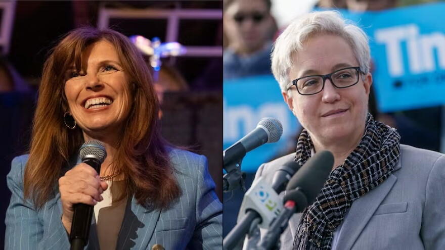Left: Christine Drazan at her election night party on Tuesday, May 19, 2026. Right: Gov. Tina Kotek at her victory announcement Nov. 10, 2022.