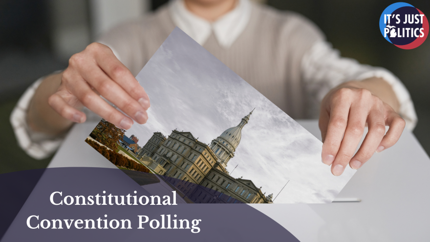Graphic showing a person placing a ballot featuring an image of the Michigan State Capitol into a ballot box. Text reads “Constitutional Convention Polling,” with the It’s Just Politics logo in the upper right corner.