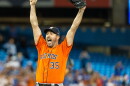 Houston Astros starting pitcher Justin Verlander celebrates after throwing a no hitter against the Toronto Blue Jays, marking his third career no-hitter.