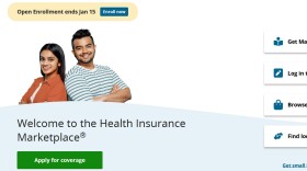 A screenshot from healthcare.gov. Two people stand back to back, smiling at the camera. Clickable buttons for "Apply for coverage" and "Get Marketplace basics," "Log in to make changes," "Browse plans & costs," and "Find local help" dot the page.