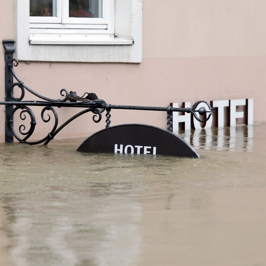 A hotel entrance was flooded earlier this month in Passau, Germany.