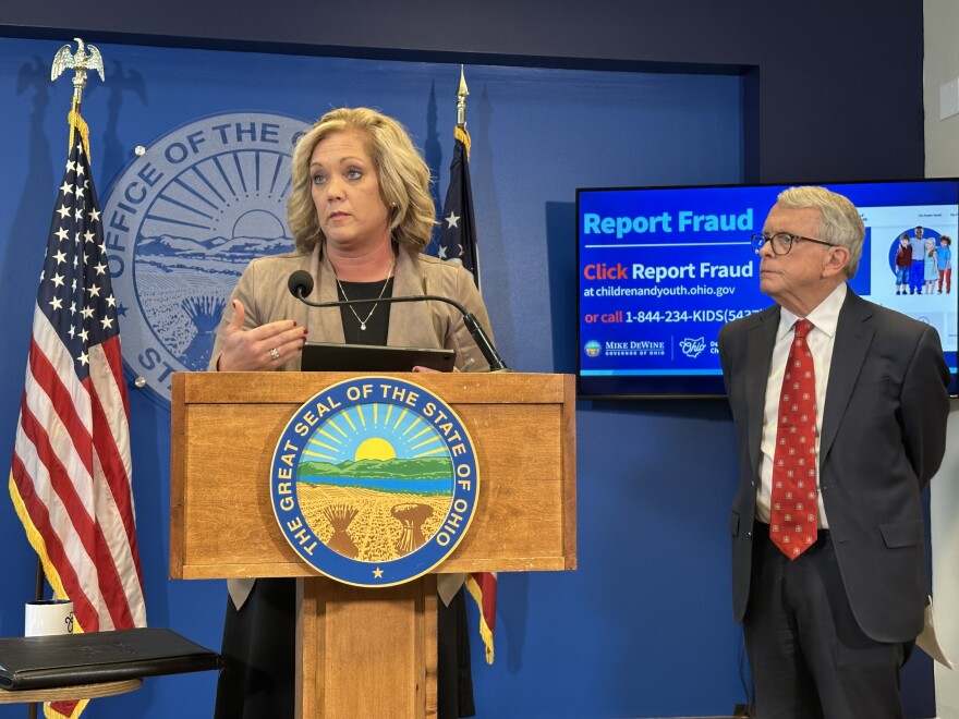 Ohio Department of Children and Youth Director Kara Wente (left) with Gov. Mike DeWine (right) in January 2026.