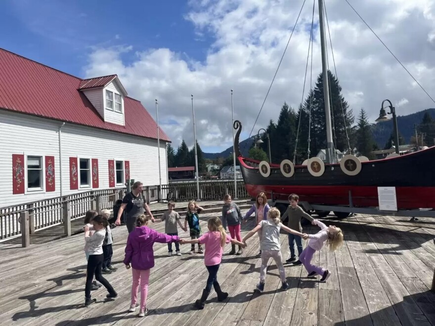 Brandi Thynes leads the youngest Norwegian dancers during their last practice at Petersburg’s Fishermen’s Memorial, outside of the Son’s of Norway Hall on May 10, 2024.