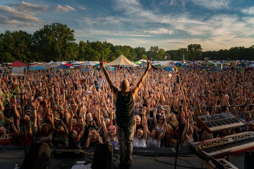 Gunpoets frontman Dan Lisbe performs on the Infield Stage at the 2018 GrassRoots Festival in Trumansburg.