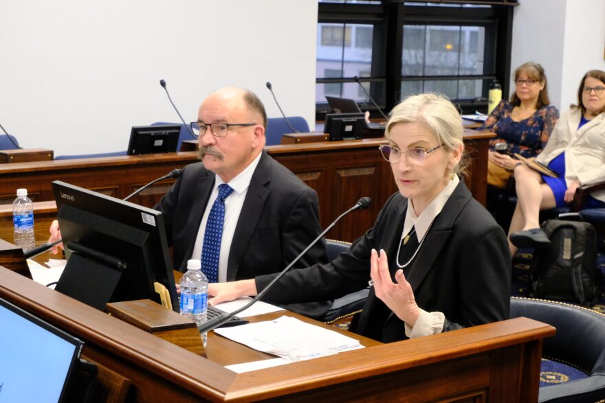 Mt. Edgecumbe Superintendent David Langford (left) and Deena Bishop, commissioner of the Alaska Department of Education and Early Development, are seen on Feb. 11, 2026. They testified before several committees of lawmakers on the conditions at the boarding school, after over 100 students disenrolled to date this school year.