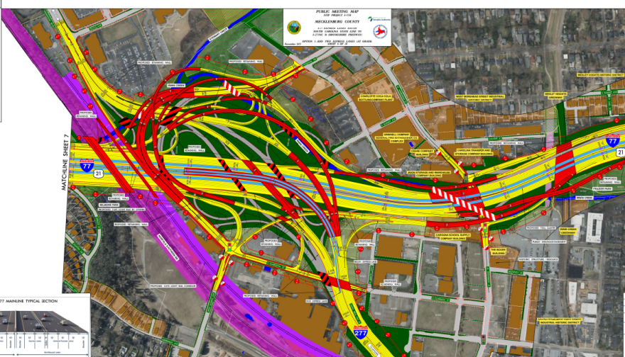 The North Carolina Department of Transportation is planning to widen I-77 from uptown to the South Carolina line. This is the proposed new interchange of I-77 and the Belk Freeway.