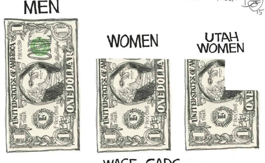 Cartoon, $1 bill with men above it, 75% of a dollar bill with women above it, and dollar bill in the shape of Utah with Utah Women above it.