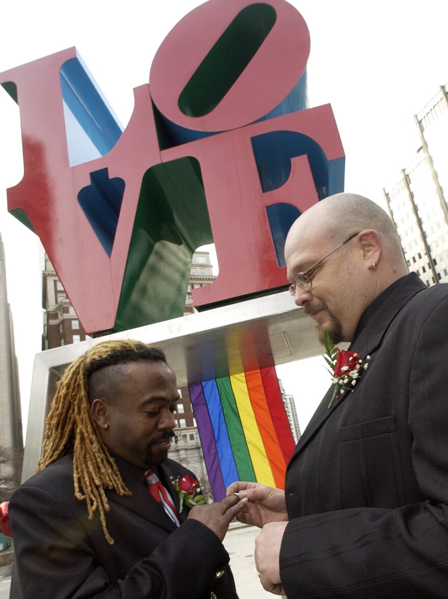 In 2004, the Rev. Jeffrey Jordan, left, and David Pickett exchanged vows at a same-sex commitment ceremony in Philadelphia's LOVE Park — officially known as John F. Kennedy Plaza.
