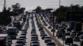 Traffic moves along the 91 Freeway, in Cerritos, Calif., on April 1, 2026. (Jae C. Hong/AP)