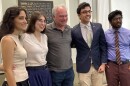 Senator Tim Kaine poses with students who came to hear him speak in Charlottesville.