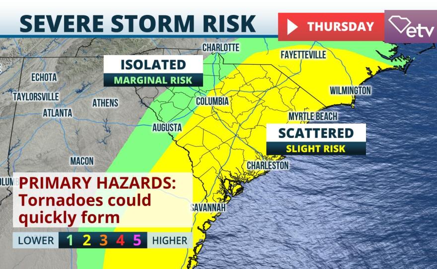 Tropical tornadoes are possible across South Carolina through late week, especially from the Midlands points east.