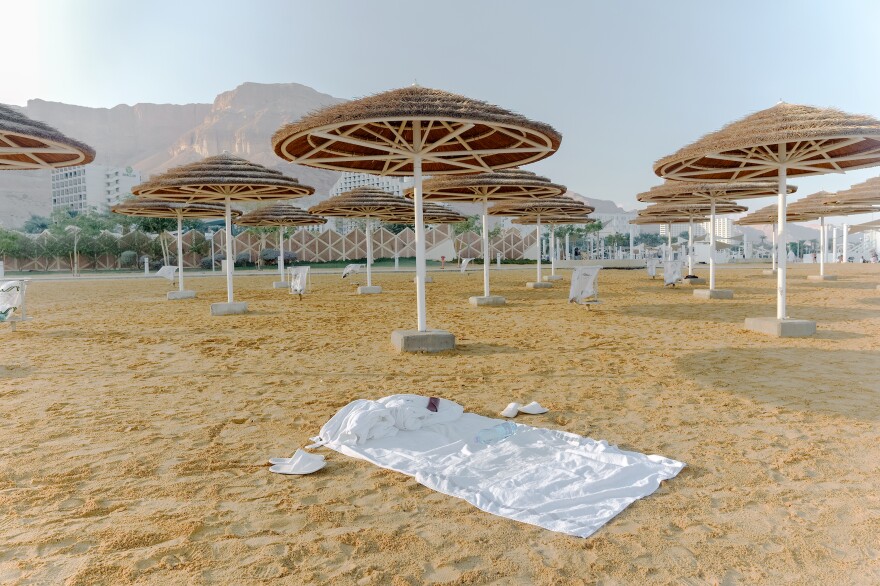 A blanket along the beach of an Israeli hotel resort on the western banks of the Dead Sea on Nov. 10. Israel's Dead Sea hotels are actually built on the banks of an artificial evaporation pool of Dead Sea water maintained by the Dead Sea Works, an Israeli chemical company which extracts minerals from the lake's water.