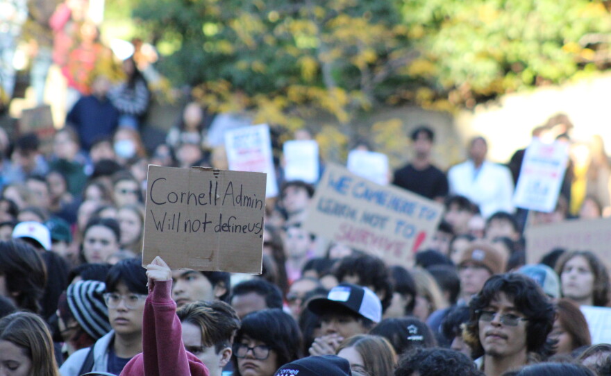 A large crowd gathered on Cornell’s campus Monday afternoon to show support for a Cornell student, known as Jane Doe, who alleges she was raped by fraternity members on campus in 2024.