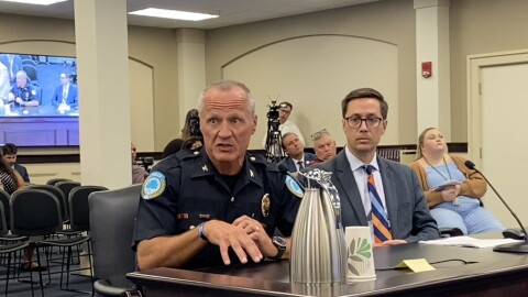 Elizabethtown Police Chief Jeremy Thompson (left) and Flock Safety director of government relations Kevin Kane defended Flock cameras in testimony before the interim House Judiciary committee in Frankfort on Sept. 3, 2026.