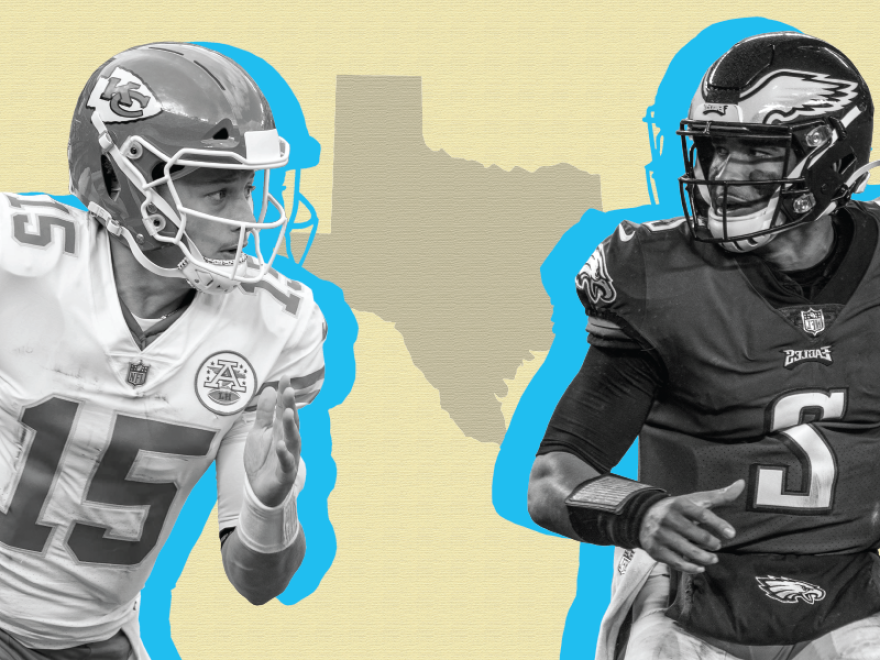 The Kansas City Chiefs' Patrick Mahomes (left) will face off against the Philadelphia Eagles' Jalen Hurts on Super Bowl Sunday in a matchup that pits two quarterbacks with roots in the Lone Star State.