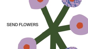 A rudimentary image - as though cut from construction paper - of several green stems leading to pink and orange flower bulbs; "Send Flowers" written in black to one side